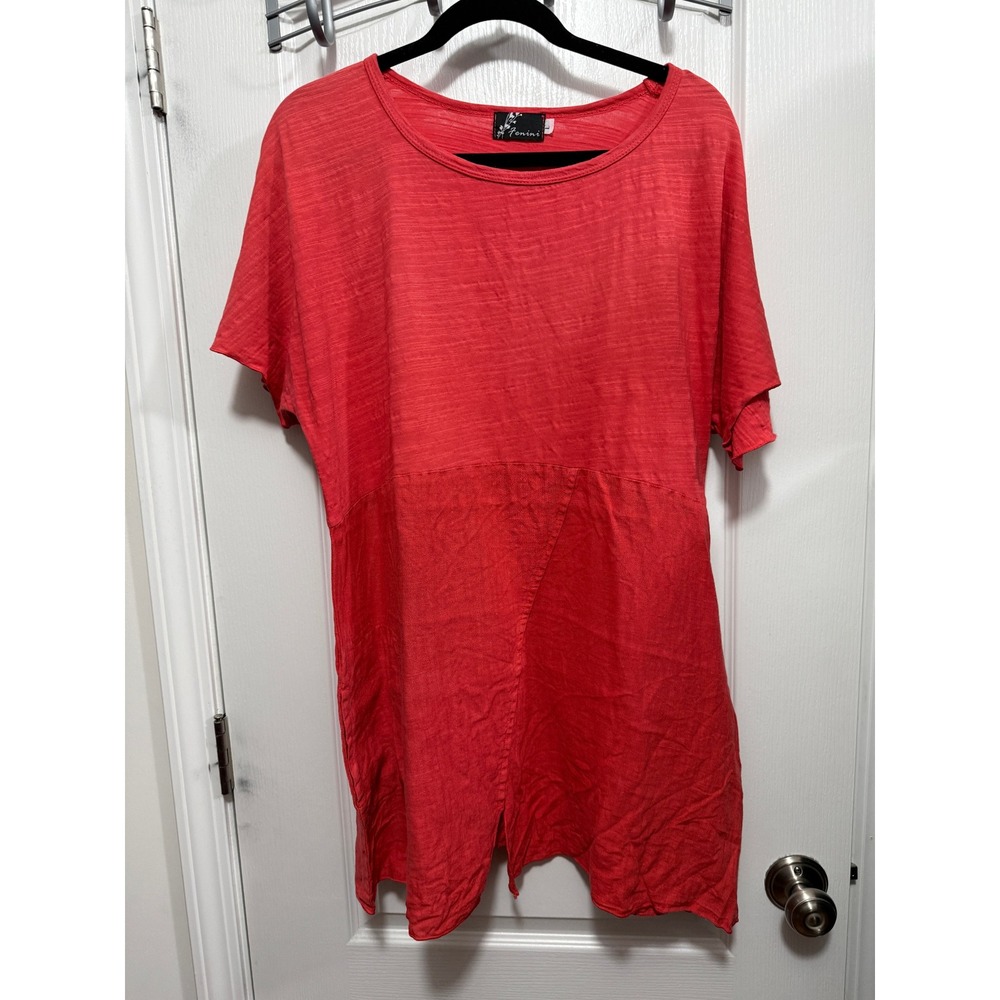 Vintage Fenini Red Mixed Media Tunic Top Lagenlook Cotton Linen Womens Large USA